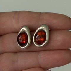 Vintage 925 Sterling Silver Natural Baltic Amber Cabochon Pear Post Earrings