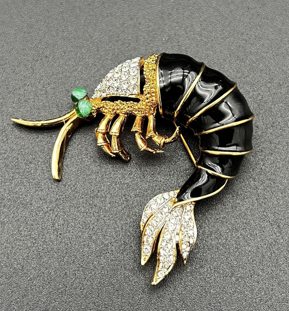 Vintage Signed KENNETH LANE Shrimp Brooch 2.5″ Emerald Eye Couture Statement Pin