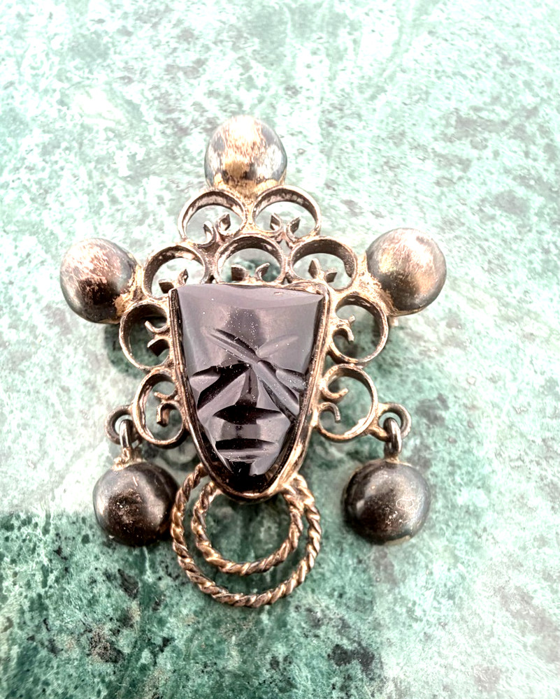 Aztec Black Onyx Bezel Set Face Mask Brooch Sterling Silver 925