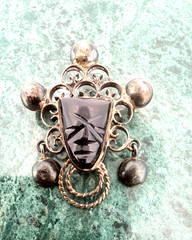 Aztec Black Onyx Bezel Set Face Mask Brooch Sterling Silver 925