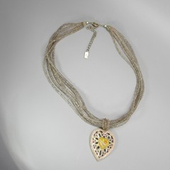 Heart Necklace Pendant Enamel Rhinestone Glass Seed Bead Multistrand 1928 18″
