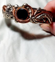 Artisan Cuff Bracelet Mixed Metals Copper Onyx Stone Slight Flex Brutalist 0198