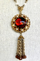 Vintage W Germany Amber Glass Faux Pearl Gold Tone Tassel Pendant Necklace 25″
