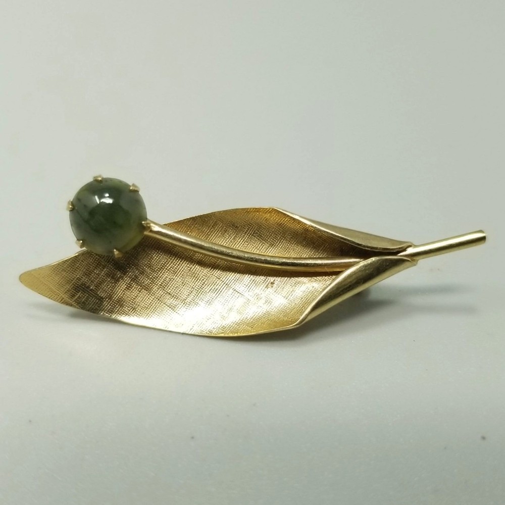 Vintage Bell Trading Karat Clad Leaf Shape Brooch Green Stone Lapel Pin