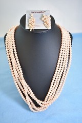 Vintage signed Marvella faux pink pearl 5 strand necklace 23″ & match earrings