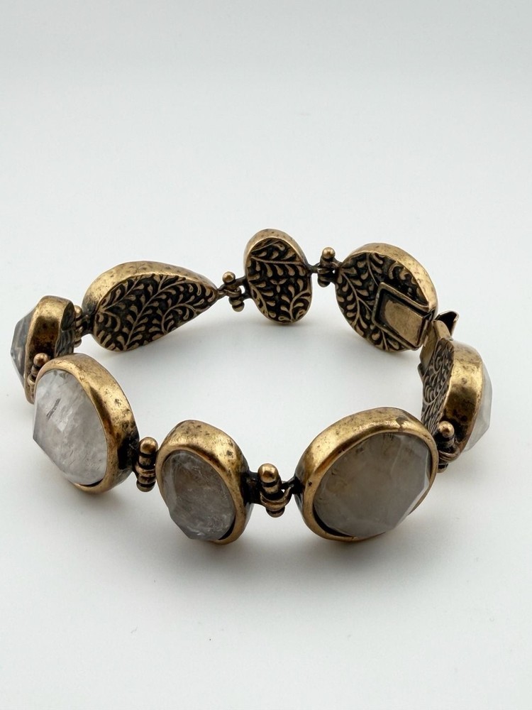 Vintage Brass Statement Bracelet Rutilated Quartz Mixed Stone Peacock Engraving