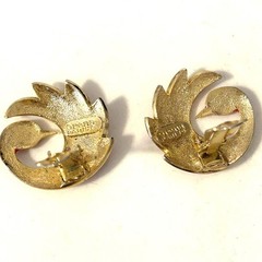 Vintage Oréna Paris Red Enamel Bird Earrings Gold Tone Signed France Phoenix