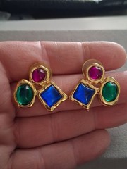 1980s bold runway earrings, glass cabochon trio, geometric, asymmetrical