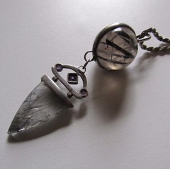 Vintage Quartz Orb Large Pendant Rutilated Black Tourmaline Necklace