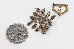 Vintage Brooches Rhinestones Faux Pearl Blue Amber AB Lot of 3
