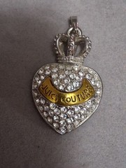 Vintage Juicy Couture puffy heart & crown pendant, Pave set rhinestones, silver