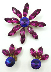 Vintage Glass Flower Star Two Levels Pink Pin Brooch Gold Tone Clip Earrings