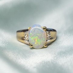 VINTAGE 10K Gold Natural Australian White Opal Diamond Ring Size 7 Rainbow Opal