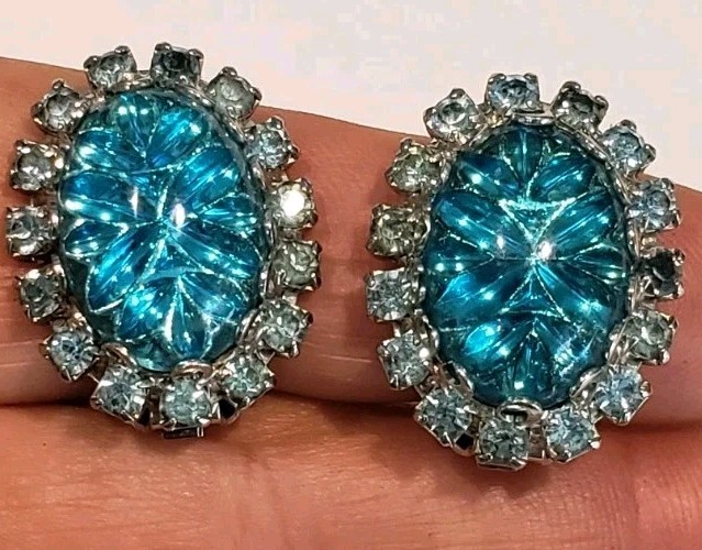 Vintage Earrings Big Molded Glass Cabochon & Rhinestone Judy Lee 1950s Sparkle