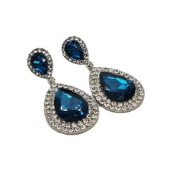 Aqua Blue Crystal Earring TEARDROP Silver Tone Pierced Dangle Couture 2.25 in