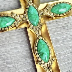 Vintage Whiting Davis Gold Tone Chunky Cross Faux Stones Long Pendant Necklace