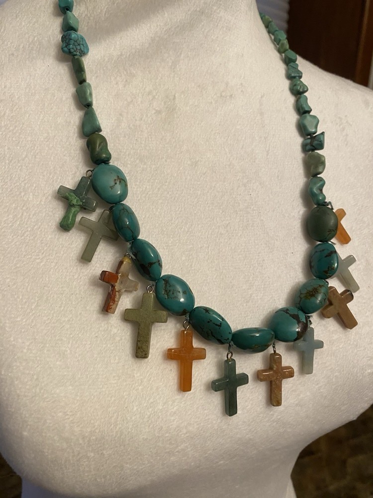 Vintage Boho Southwestern Style Turquoise Cross Necklace Estate Jewelry