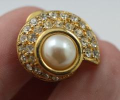 Vintage gold tone faux mabe pearl clear stones Monet push back clip on earrings