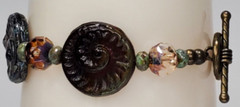 VTG Colorful Glass Beads Brass Toggle Bracelet Boho Art Glass Ammonite Fossils
