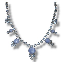 1950s Blue Moonstone Rhinestone Necklace Silver Tone 15in Vintage Unsigned