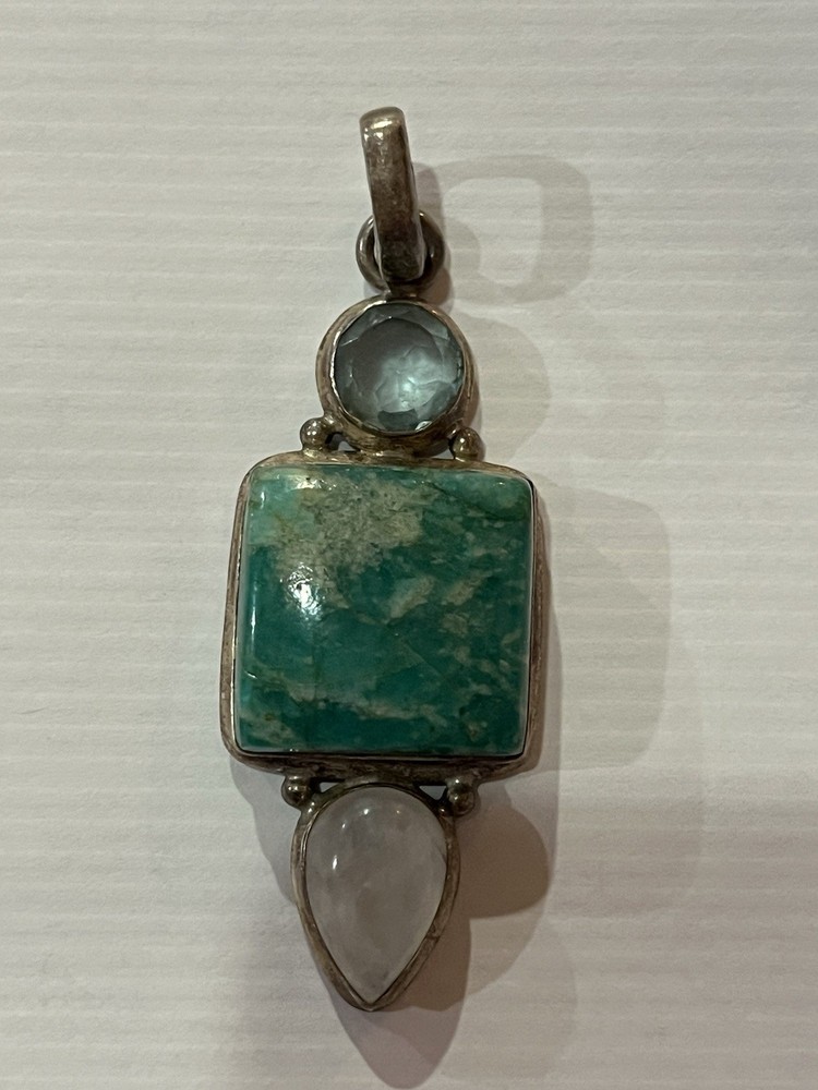 vintage Large multi-gemstone sterling silver drop pendant 3” Long
