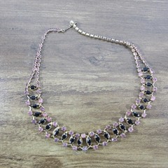 Vintage Rhinestone Necklace Purple Black Gold Tone Choker Collar 15 Inch