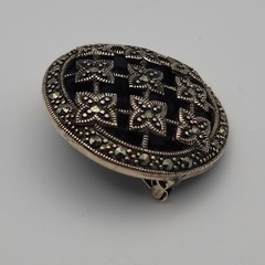 Vintage Art Deco Markasite Round Geometric Domed Sterling Silver 925 Brooch Pin