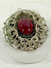 Vintage Victorian Revival Filigree Pendant, Deep Burgundy Glass Cabochon,