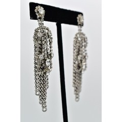 Vintage Crystal Fringe Earrings Silver Chain Drip Chunky Dangle Chandelier 9C