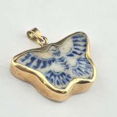 Antique Siam Blue White Porcelian Butterfly Gambling Token 14k Gold Pendant