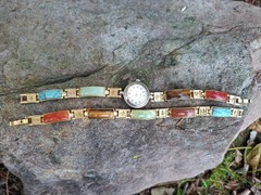 Vtg Multi Stone Inlay Panel Watch (works) Bracelet Set Chinese Symbol Good Luck