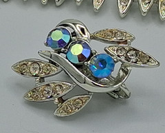 Vintage Francois Bracelet & Clip Earrings Set Silver Tone Blue Iridescent Stones