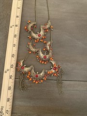 Necklace Earrings Set Orange Red Gold Tone Chunky Chain Layered Gypsy Boho Chic
