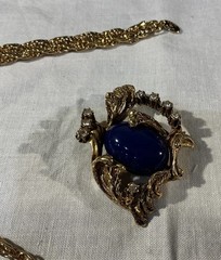 Vintage “Erwin Pearl” Signed Blue Lapis Brooch Pin 30” Erwin Goldtone Necklace