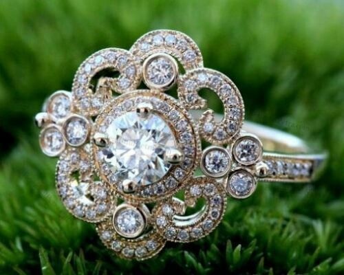 Art Deco Vintage Antique 1.50 Ct White Diamond Wedding Ring 14K Yellow Gold Over