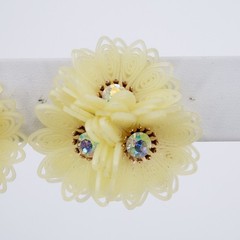 VTG Coro Cream Plastic Filigree Flower AB Rhinestone Clip On Earrings Costume