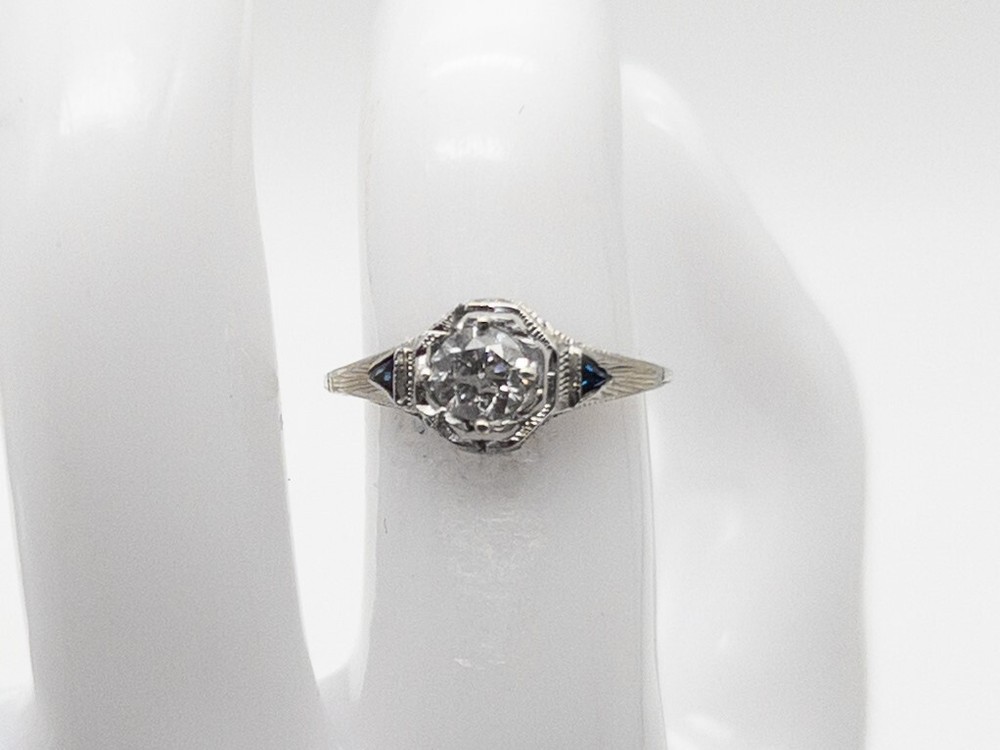 Antique 1920s $5K 1ct Natural Diamond Blue Sapphire 18k White Gold Filigree Ring