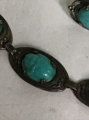 Art Deco Egyptian Revival Matching Scarab Beetle Bracelet/Sterling Ring/Earrings