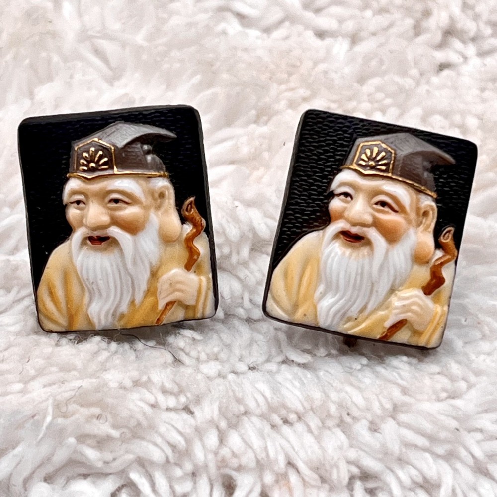 Vintage Toshikane Japan Earrings Oriental Fortune God Screwbacks
