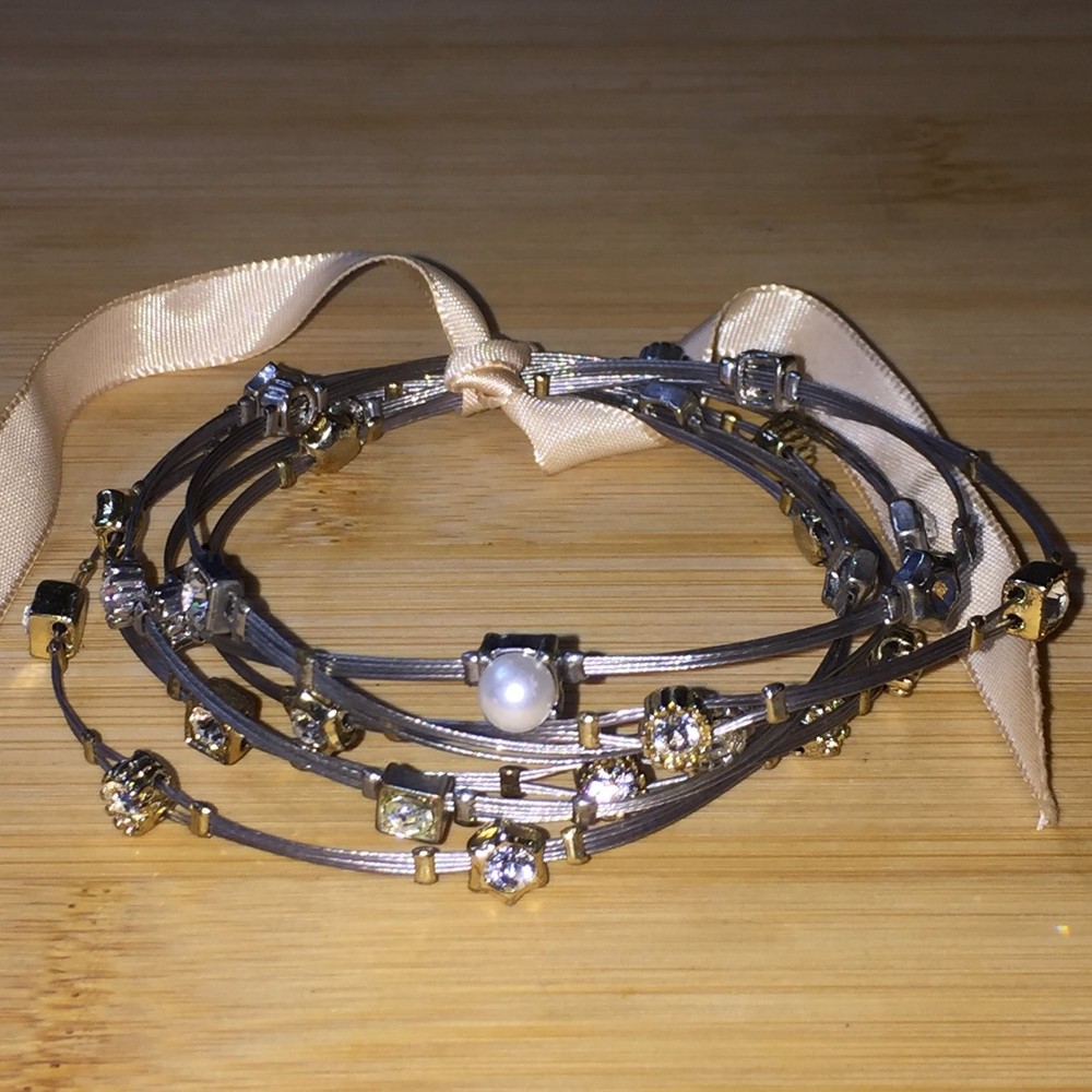 Multi-Strand Beaded Pearl Rhinestone Bracelet Silver Gold Tone