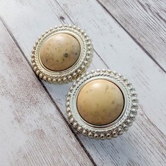 Vintage Earrings for Pierced Ears Beige Center Gold Tone Halo