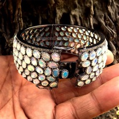 Stunning 3.51ctw Rose Cut Diamond Opal Studded Silver Victorian Bangle Bracelets