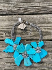 VALERIE SANSON Painting w Stones Turquoise Triple Blossom Freeform NECKLACE