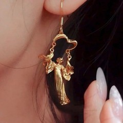 Ancient Greek Goddess Earrings Asymmetrical Gold Tone Dangle Earrings