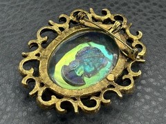 Vintage Huge AB Aurora Borealis Rainbow Glass Cameo Intaglio Brooch Gold Tone