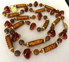 Vintage Amber Murano Glass Made in Italy Glass Bead Necklace 33″ w/ ORIGINAL TAG