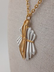 RARE J.J Gold Tone White Enamel Geometric Art Deco inspired pendant necklace