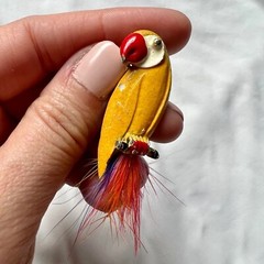 Vintage Tropical Yellow Enamel Red Feather Tail Parrot Bird Animal Brooch Pin
