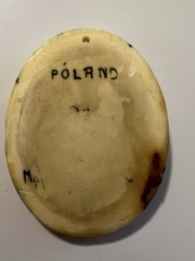 Vintage Hand Carved Stone Pendant Signed Poland Folk Art Necklace Ivory Tone