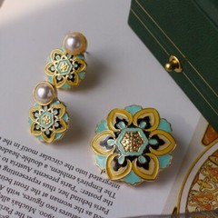 Vintage Enamel Flower Brooch Earring Pearl Women Clothing Party Accessories Gift